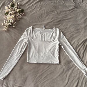 white square neck long sleeve crop top